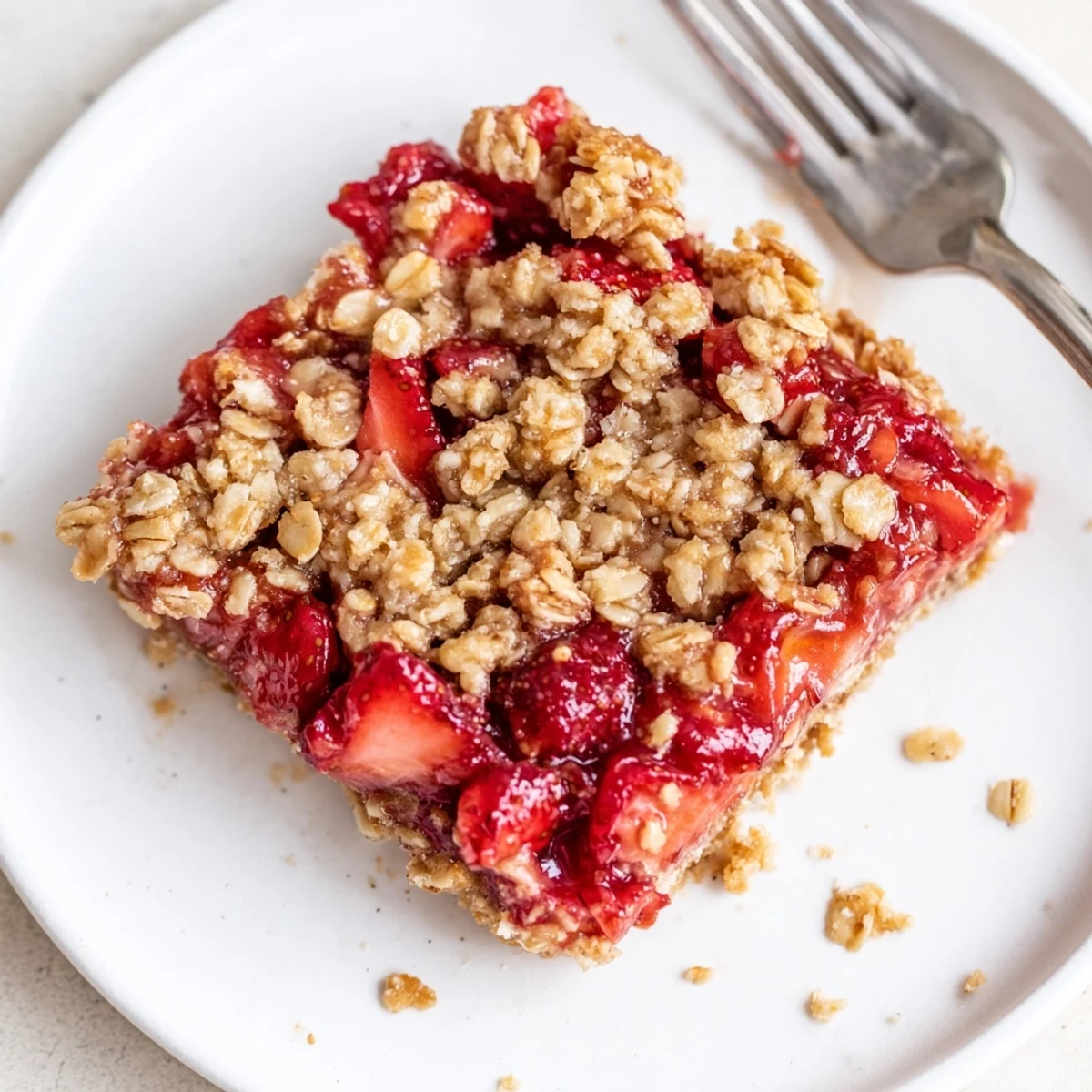 Strawberry Oatmeal Crumble Bars Recipe served warm with vanilla ice cream scoop
