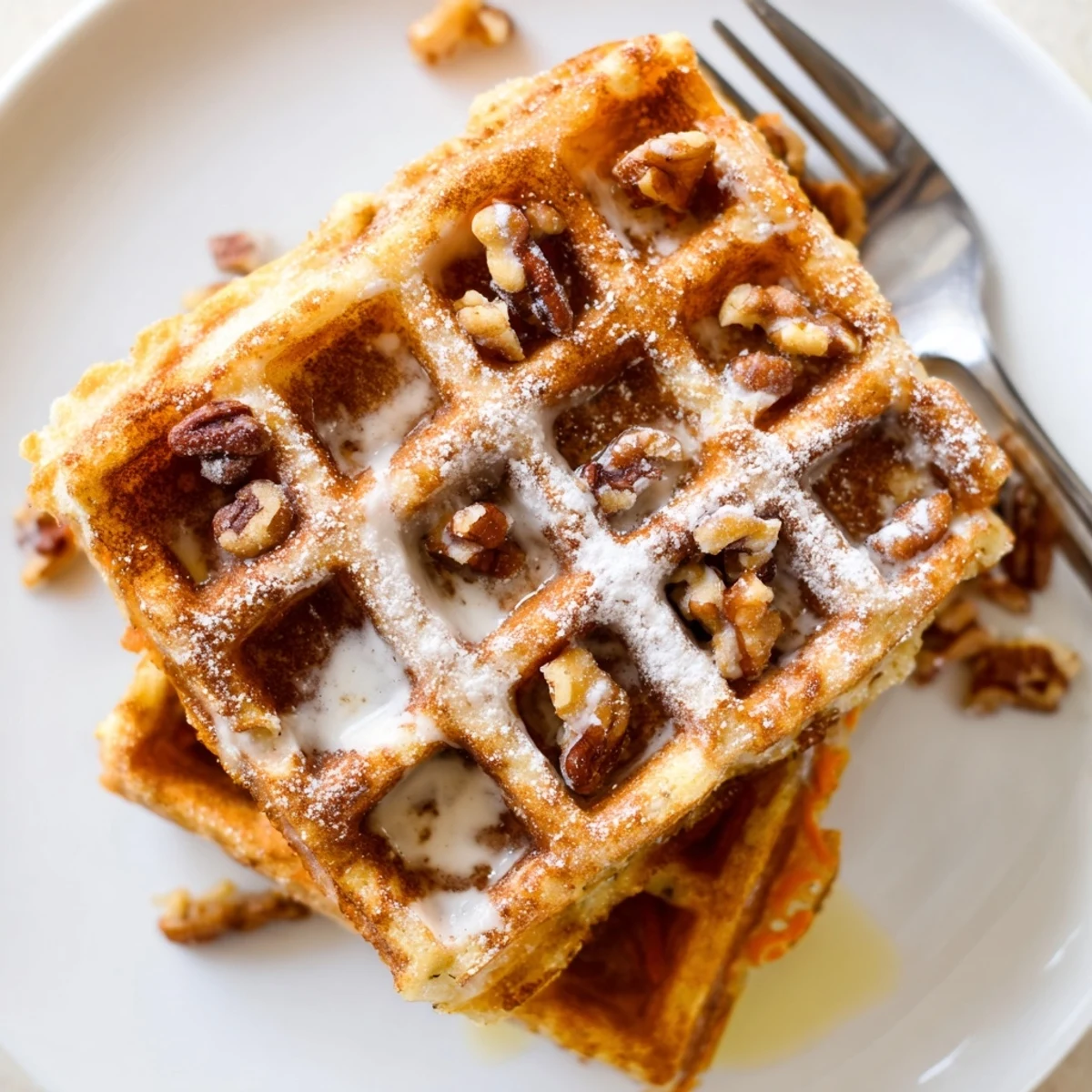 Close-up of Carrot Cake Waffles steaming, topped with cream cheese glaze.