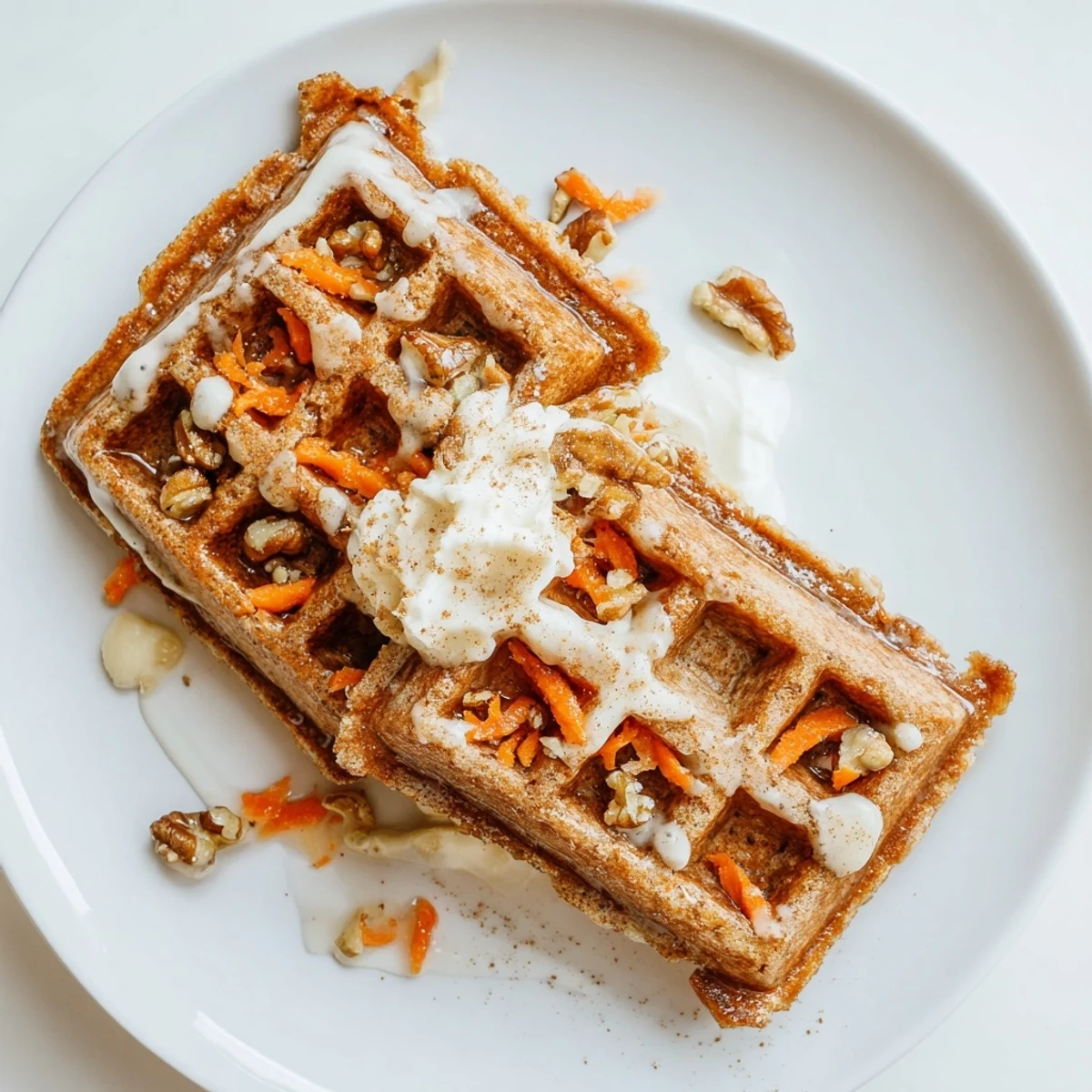 Golden Carrot Cake Waffles crisp edges, warm cinnamon aroma, served with syrup.