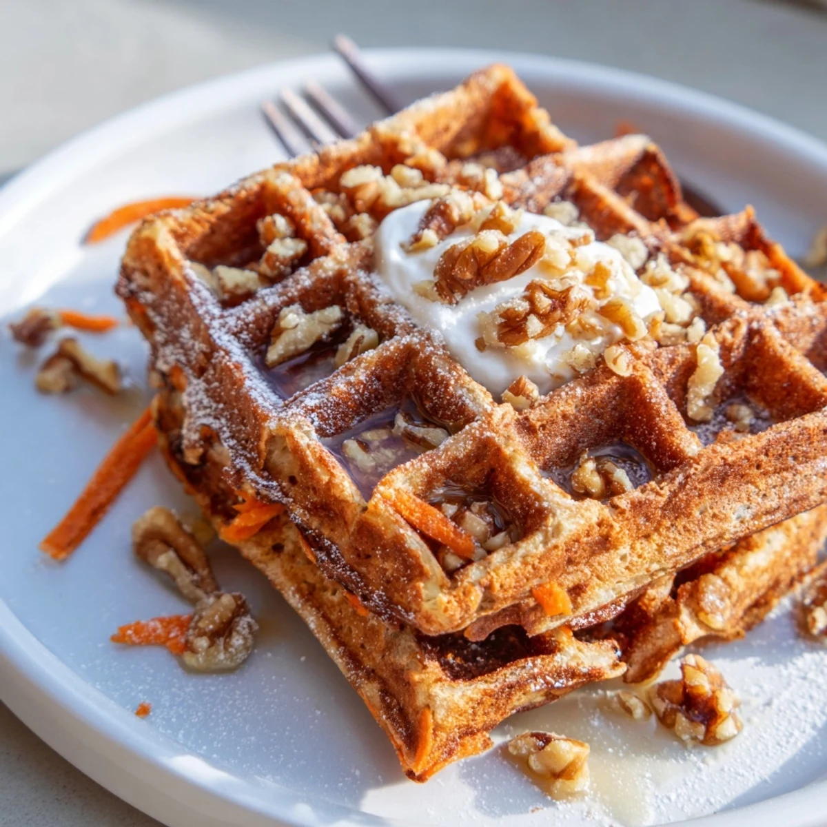 Stack of Carrot Cake Waffles speckled with grated carrot, toasted walnuts, cream cheese.