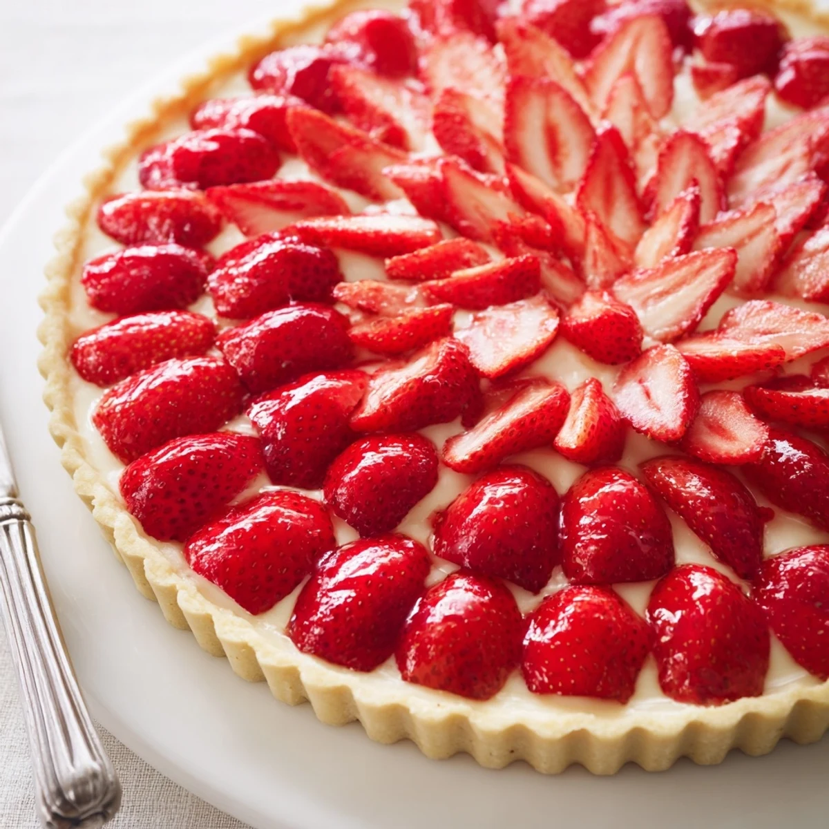 Tarte aux Fraises with glossy apricot glaze, creamy custard and sliced strawberries.