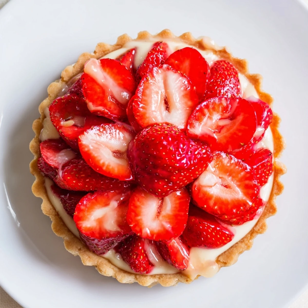 Rustic Tarte aux Fraises on chilled tart pan, ready to slice and serve.
