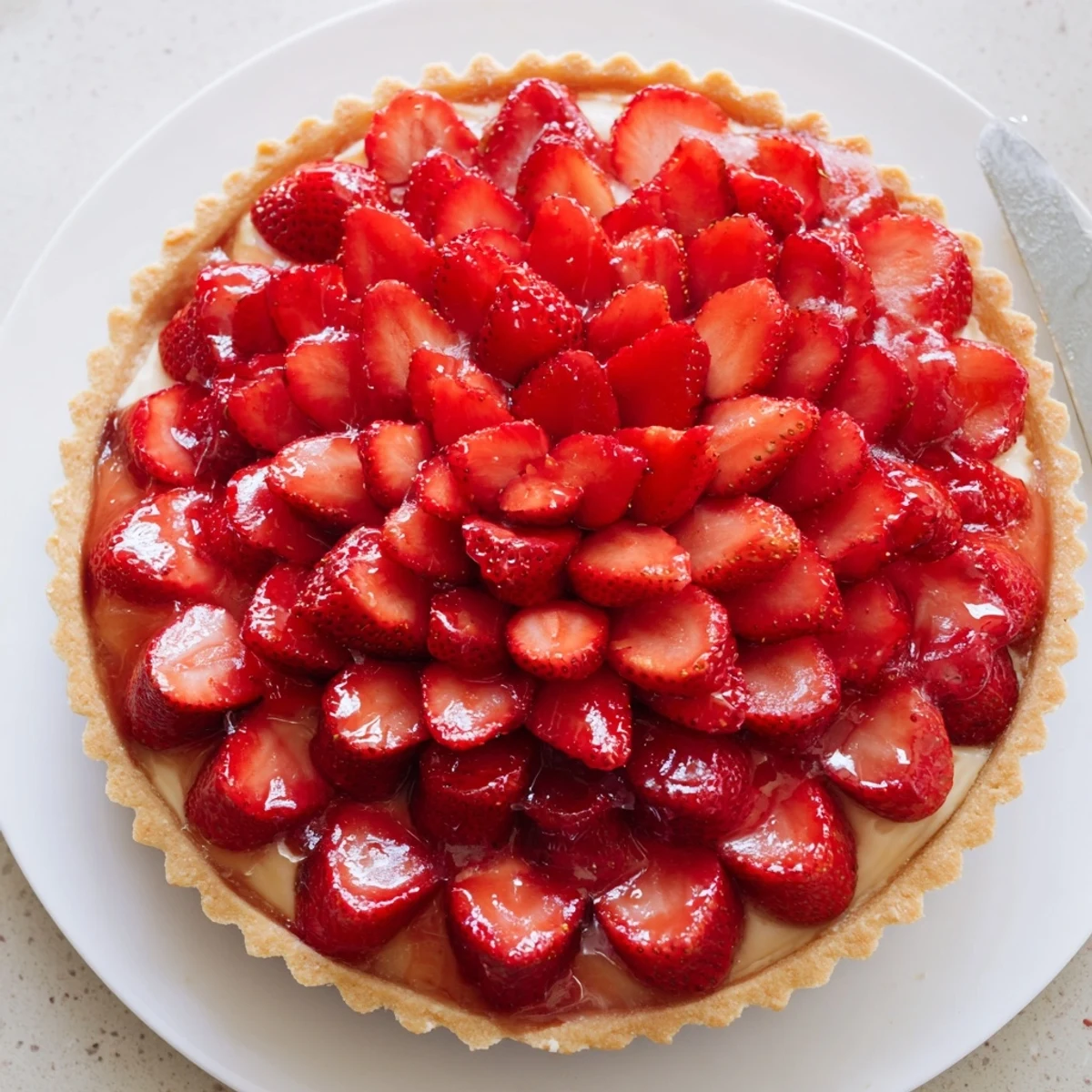 Bright Tarte aux Fraises topped with juicy berries, vanilla pastry cream, spring dessert.