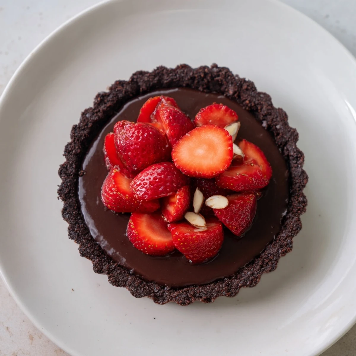 Dark Chocolate Strawberry Tart glistening with jam, sliced strawberries atop glossy ganache