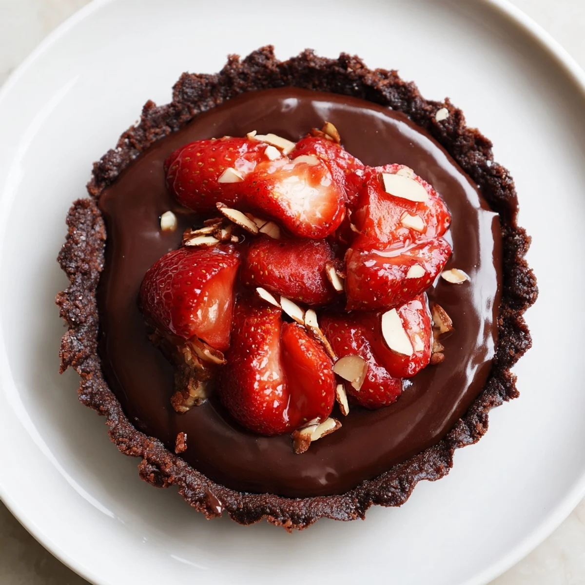 A slice of Dark Chocolate Strawberry Tart reveals glossy ganache and fresh berries