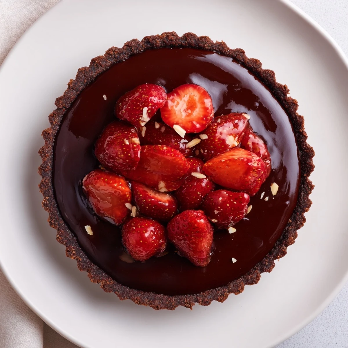 Served chilled, Dark Chocolate Strawberry Tart pairs with sparkling rosé and toasted almonds
