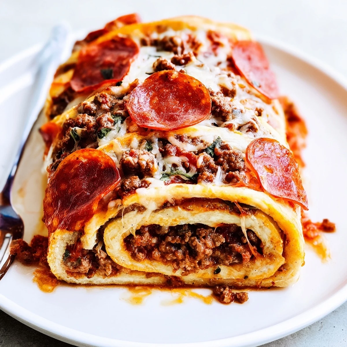 Warm Cheesy Beef Pepperoni Pizza Roll Ups Snack Recipe on parchment, bubbling.
