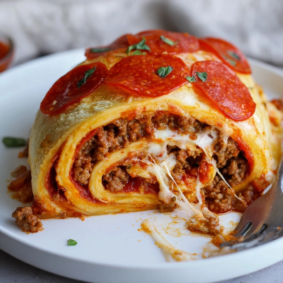 Golden-brown Cheesy Beef Pepperoni Pizza Roll Ups Snack Recipe, sliced and saucy.