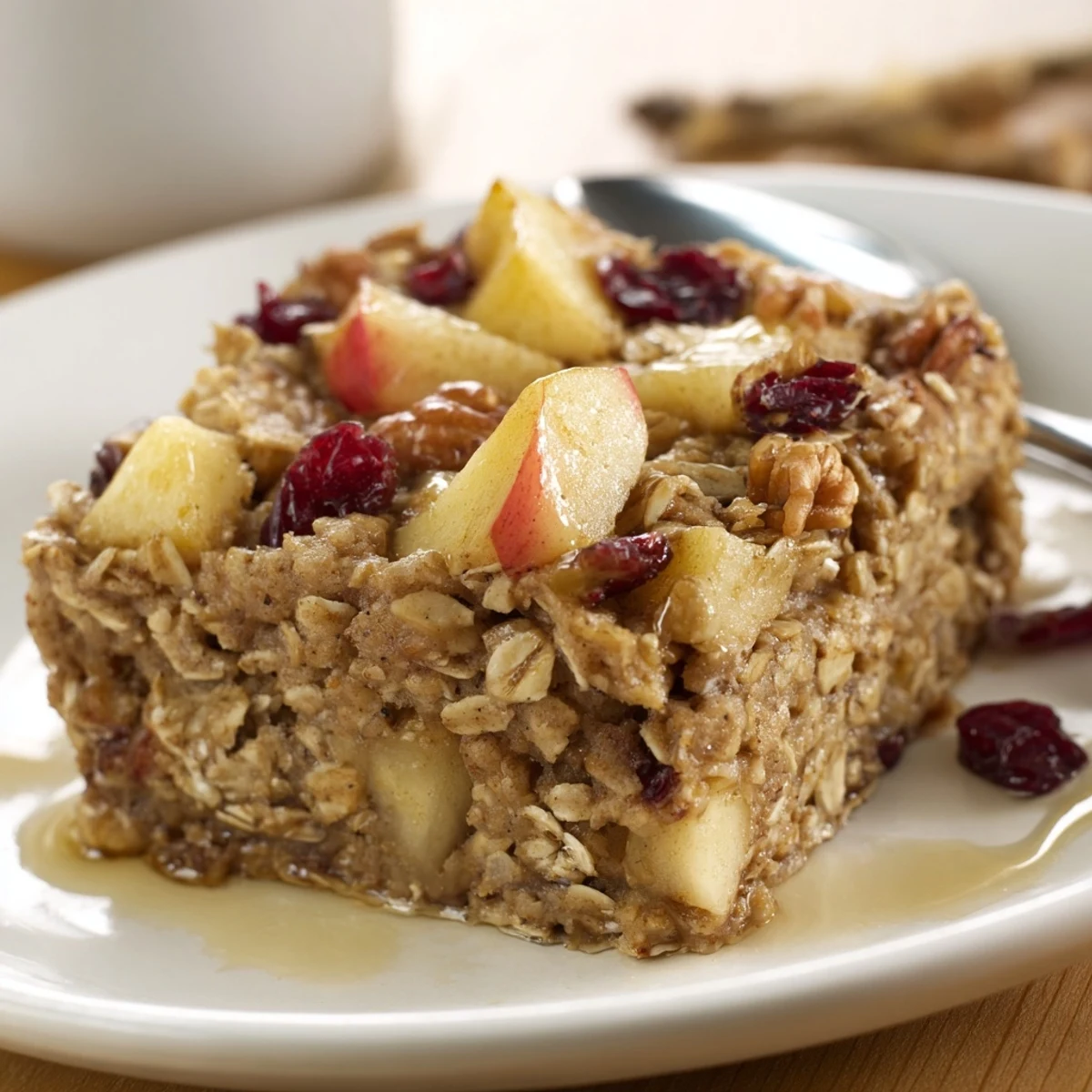 Warm serving of Delicious Apple Cinnamon Oatmeal Bake Recipe For Mornings, cinnamon-scented.