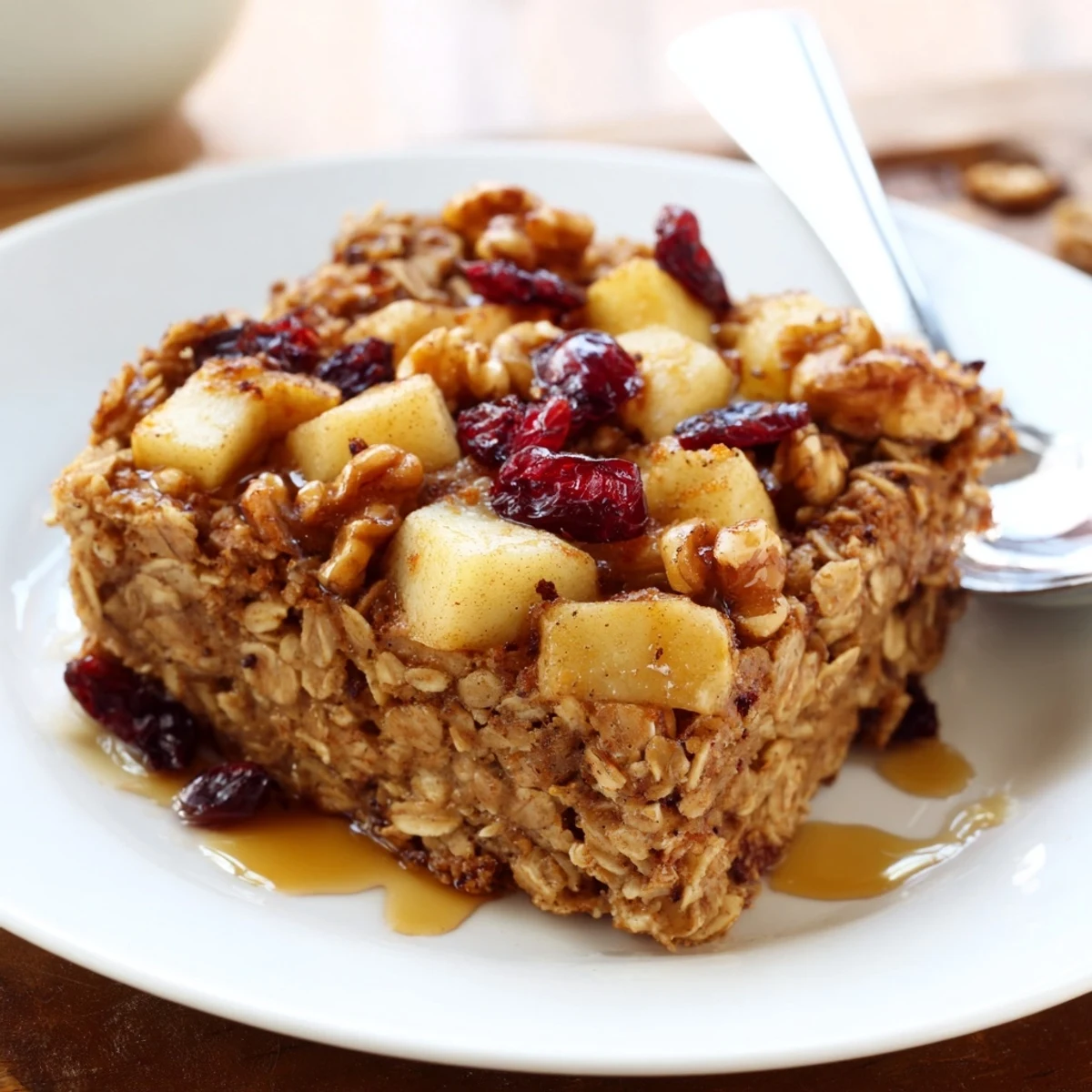 Spoonful revealing soft oats in Delicious Apple Cinnamon Oatmeal Bake Recipe For Mornings.