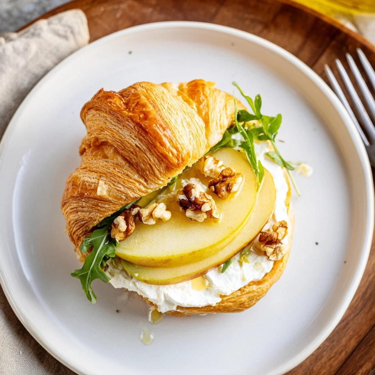 Apple Goat Cheese Croissant Sandwich with crisp apple slices, creamy goat cheese, arugula.