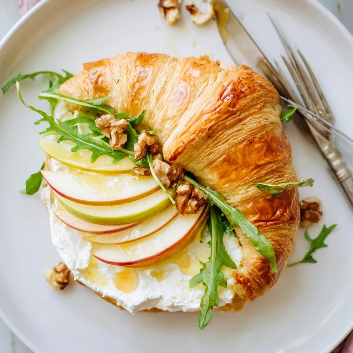 Warm Apple Goat Cheese Croissant Sandwich served for brunch with honey drizzle.