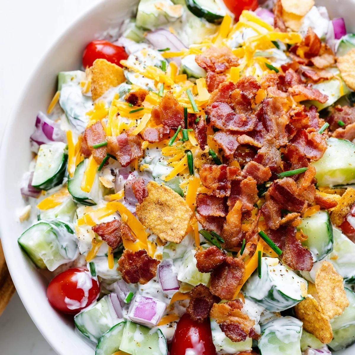 Cucumber Ranch Crack Salad with crisp cucumbers, creamy ranch, smoky bacon.