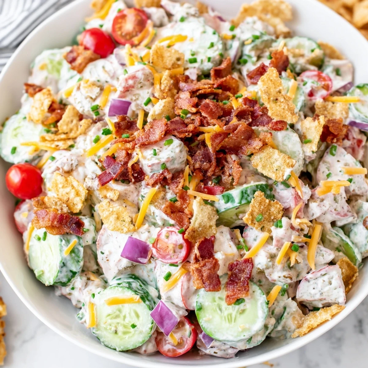 Cold Cucumber Ranch Crack Salad topped with crushed chips, cheddar, chives.