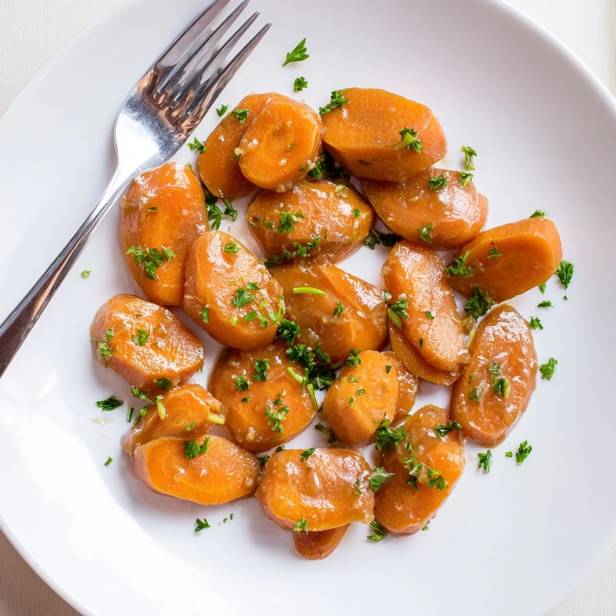 Tender carrot slices simmered in sweet honey butter glaze garnished with fresh green parsley