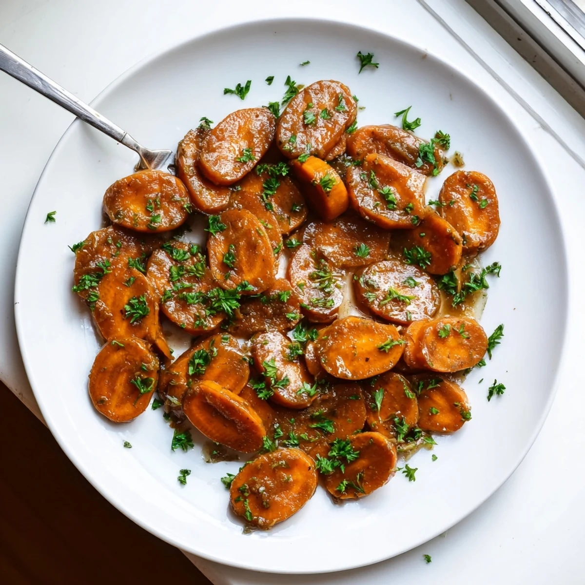 Golden glazed carrots glistening with buttery brown sugar coating on a white serving plate