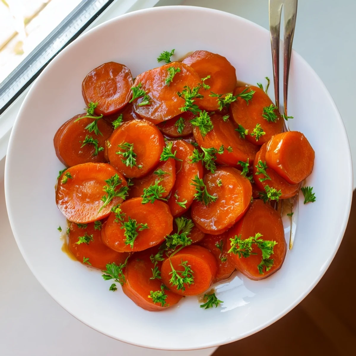 Easy glazed carrots side dish with shiny amber coating ready for holiday dinner table