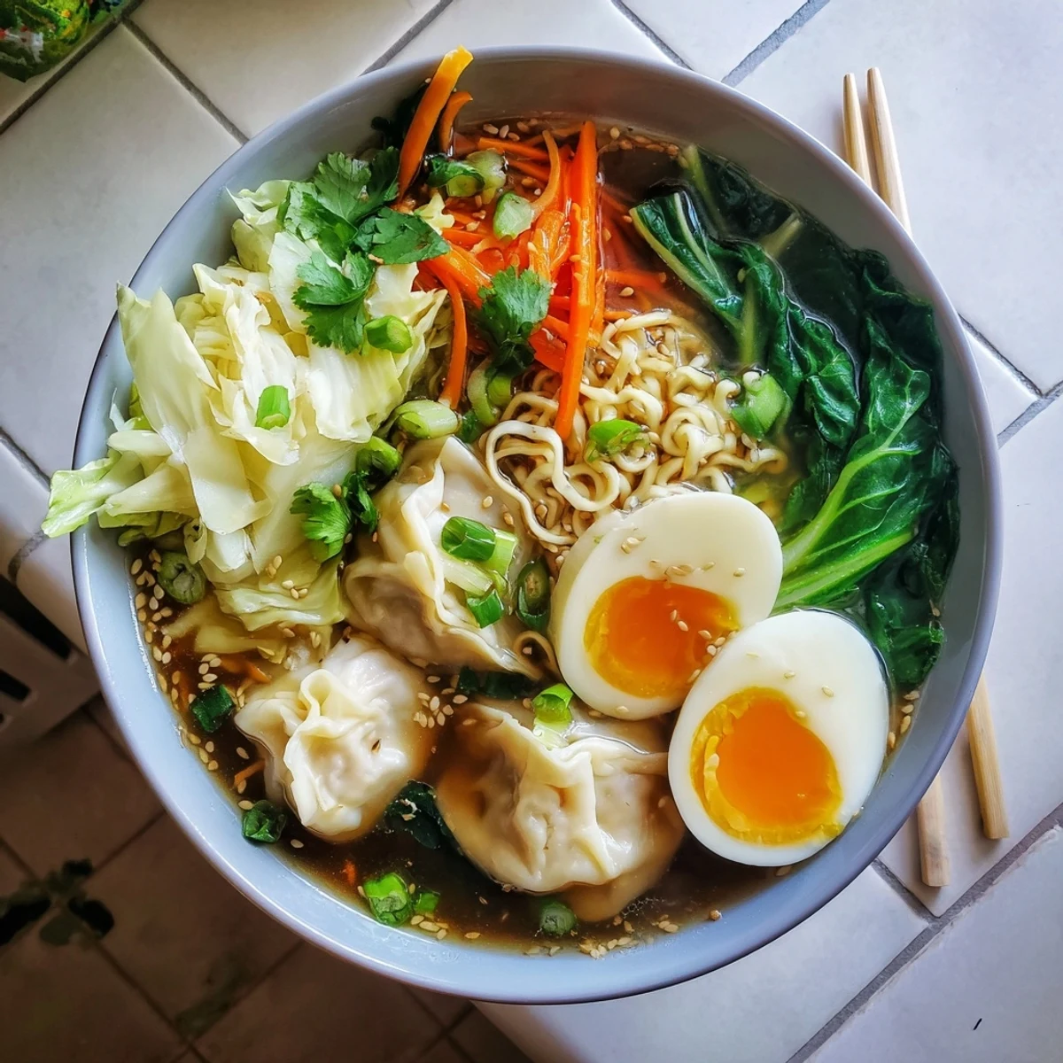 Rustic wooden table displays comforting Asian fusion ramen bowl with succulent dumplings, soft boiled eggs, and crisp vegetables