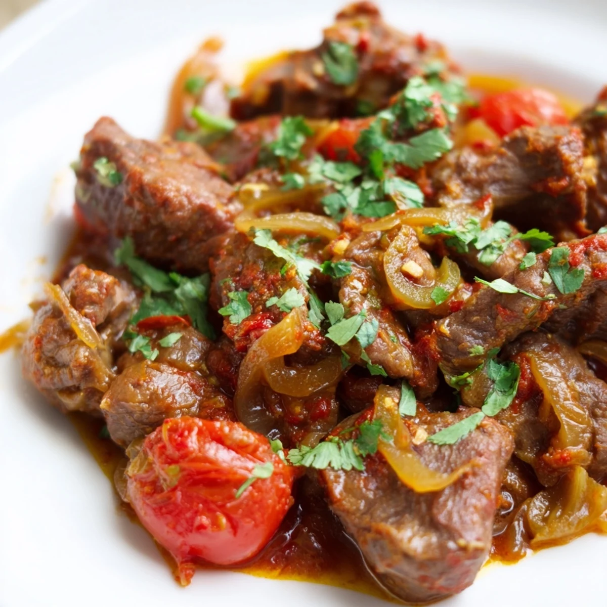 Tender Kenyan goat wet fry with glossy tomato sauce and fresh cilantro garnish in a serving bowl