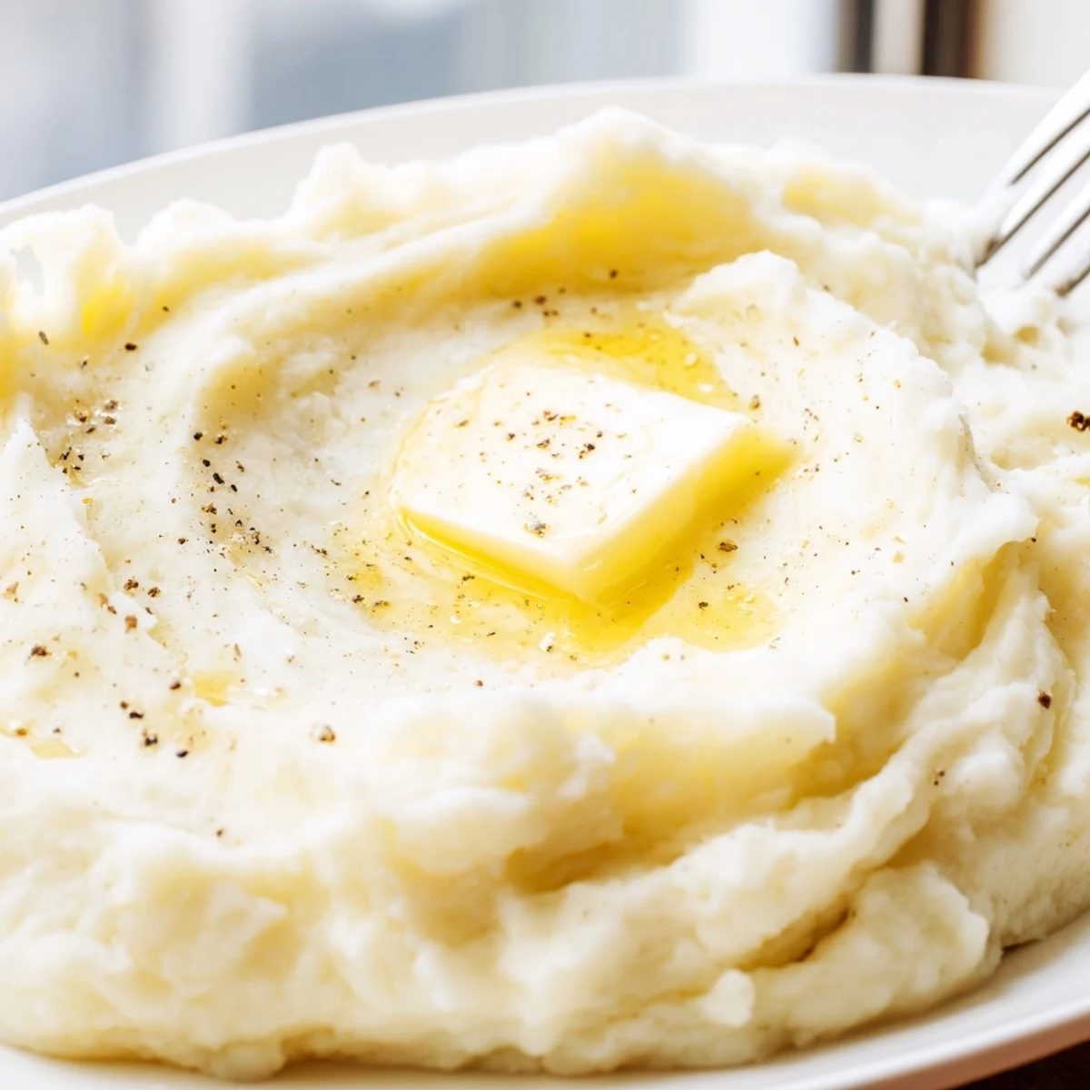 Fluffy homemade mashed potatoes with golden butter pooled on top in rustic bowl