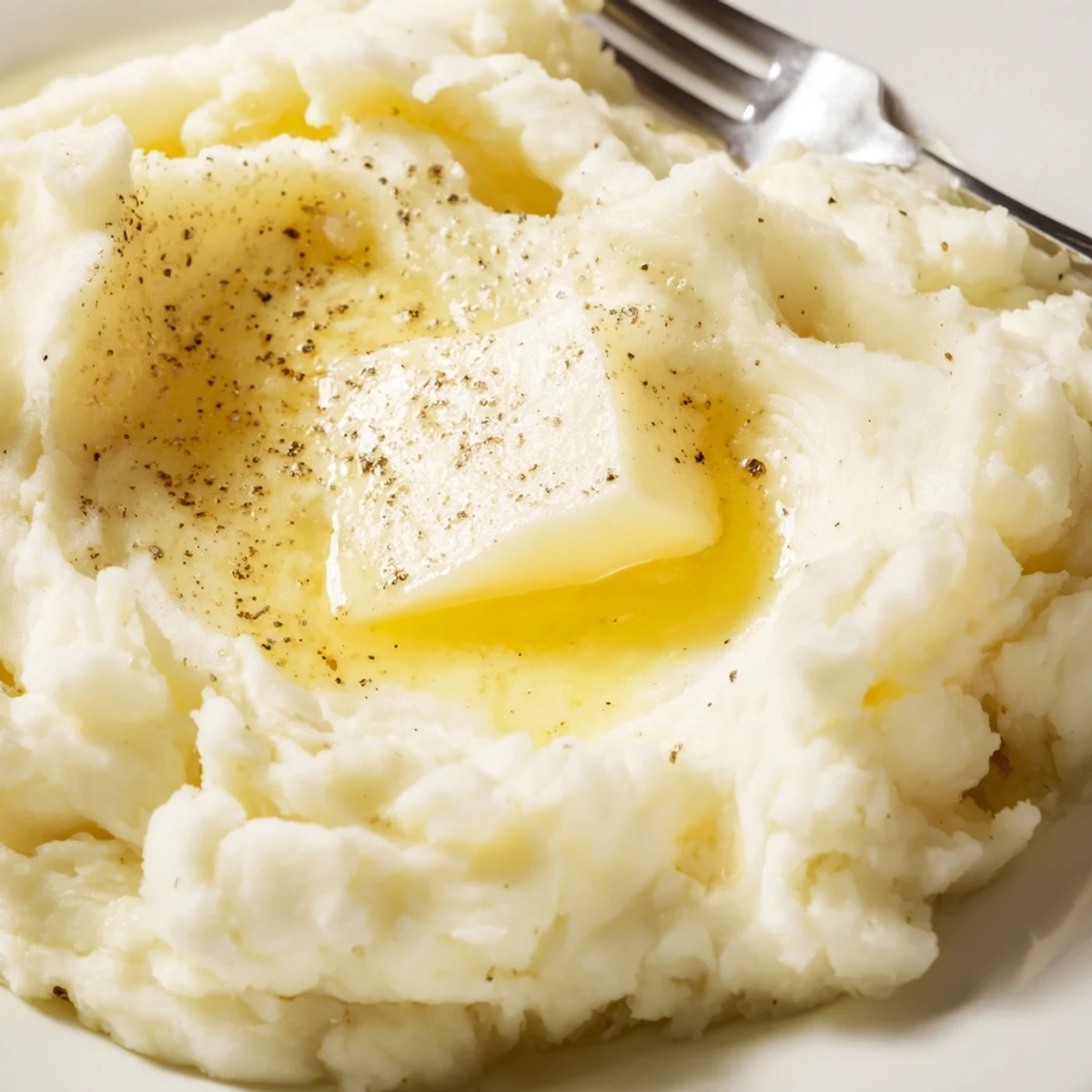 Creamy mashed potatoes topped with melting butter on a white serving plate