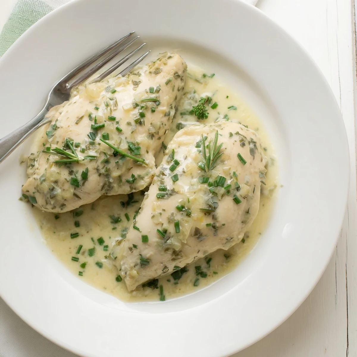 Tender juicy chicken pieces nestled in a luscious white garlic cream sauce dotted with colorful chopped herbs