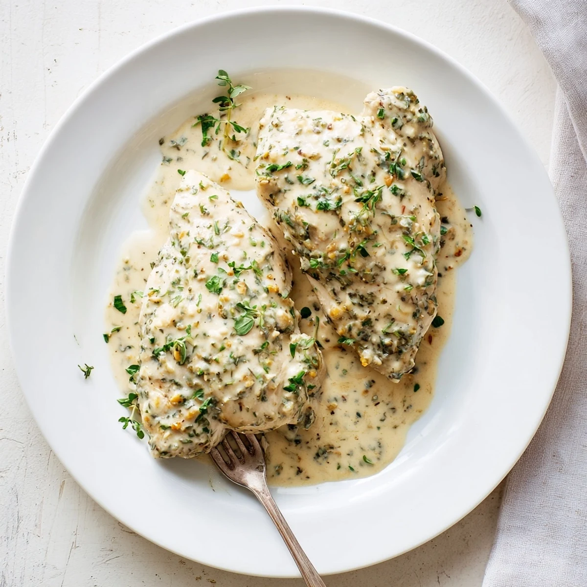Golden pan-seared chicken breasts swimming in a rich creamy herb sauce with fresh parsley and basil garnish