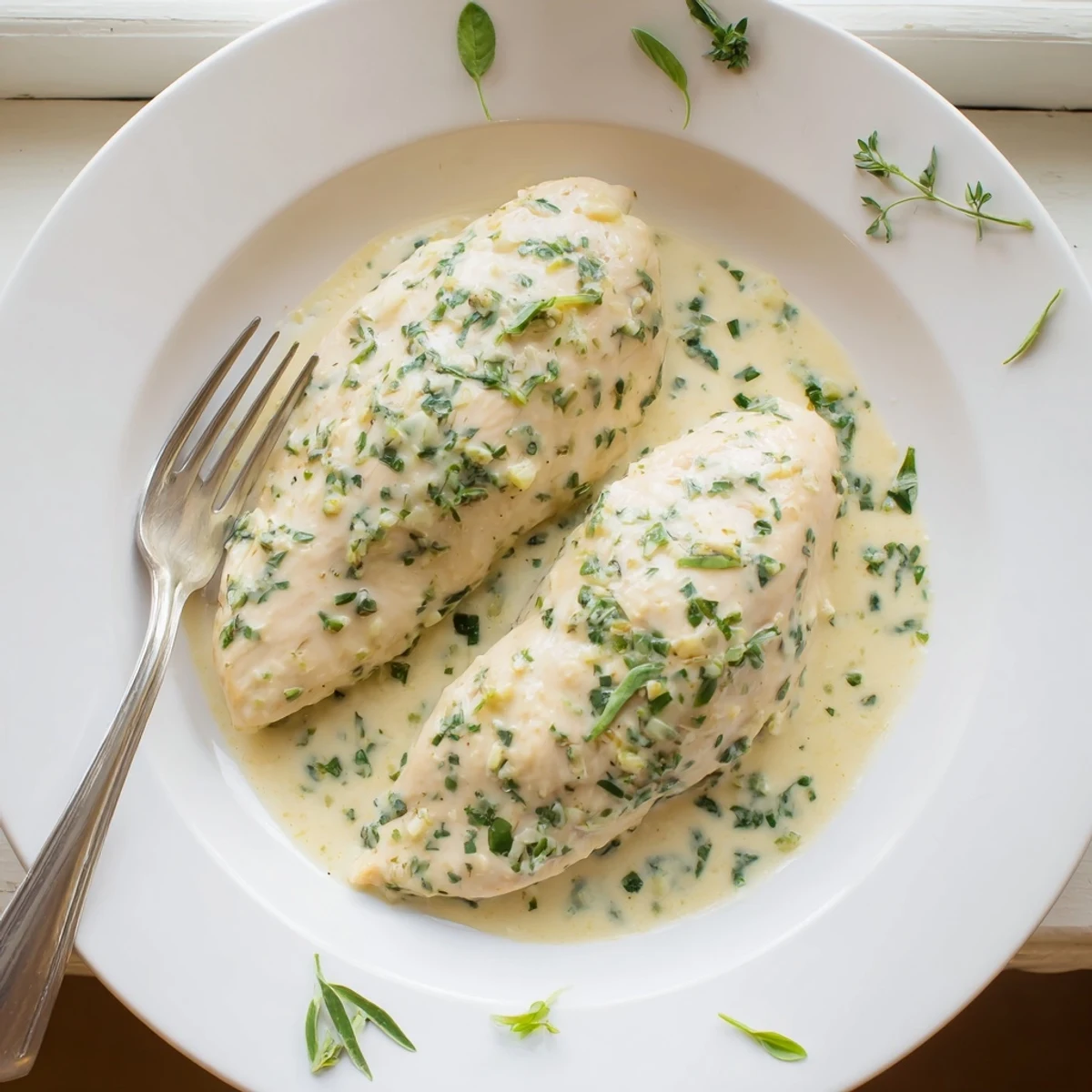 Creamy herb chicken served on a white plate, featuring golden brown meat topped with velvety sauce and fresh herbs