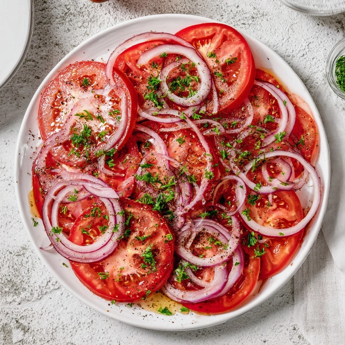 Fresh tomato and onion salad drizzled with olive oil vinaigrette and parsley on a white serving platter