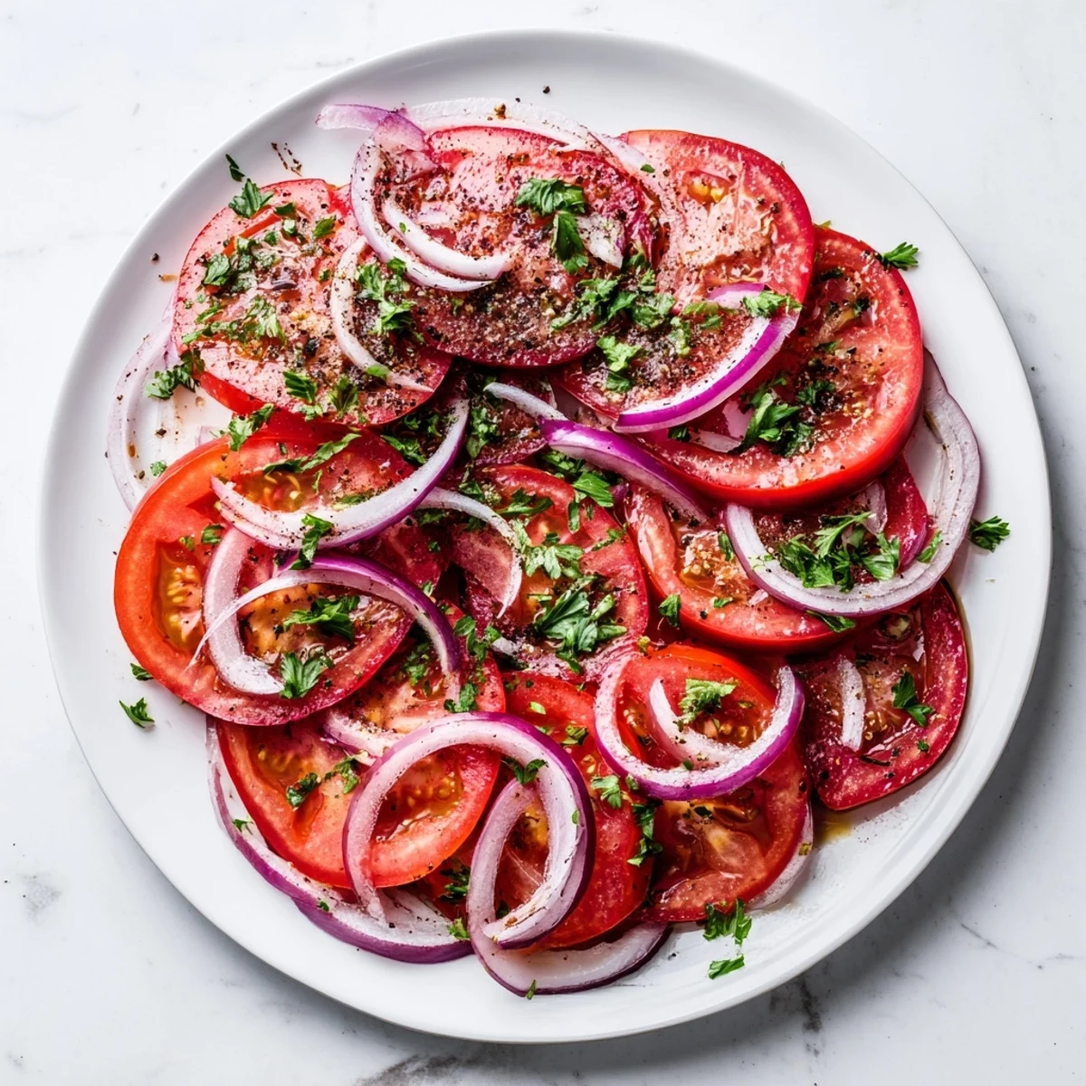 Ripe tomato slices and thin red onion rings arranged beautifully with tangy dressing and fresh green herbs