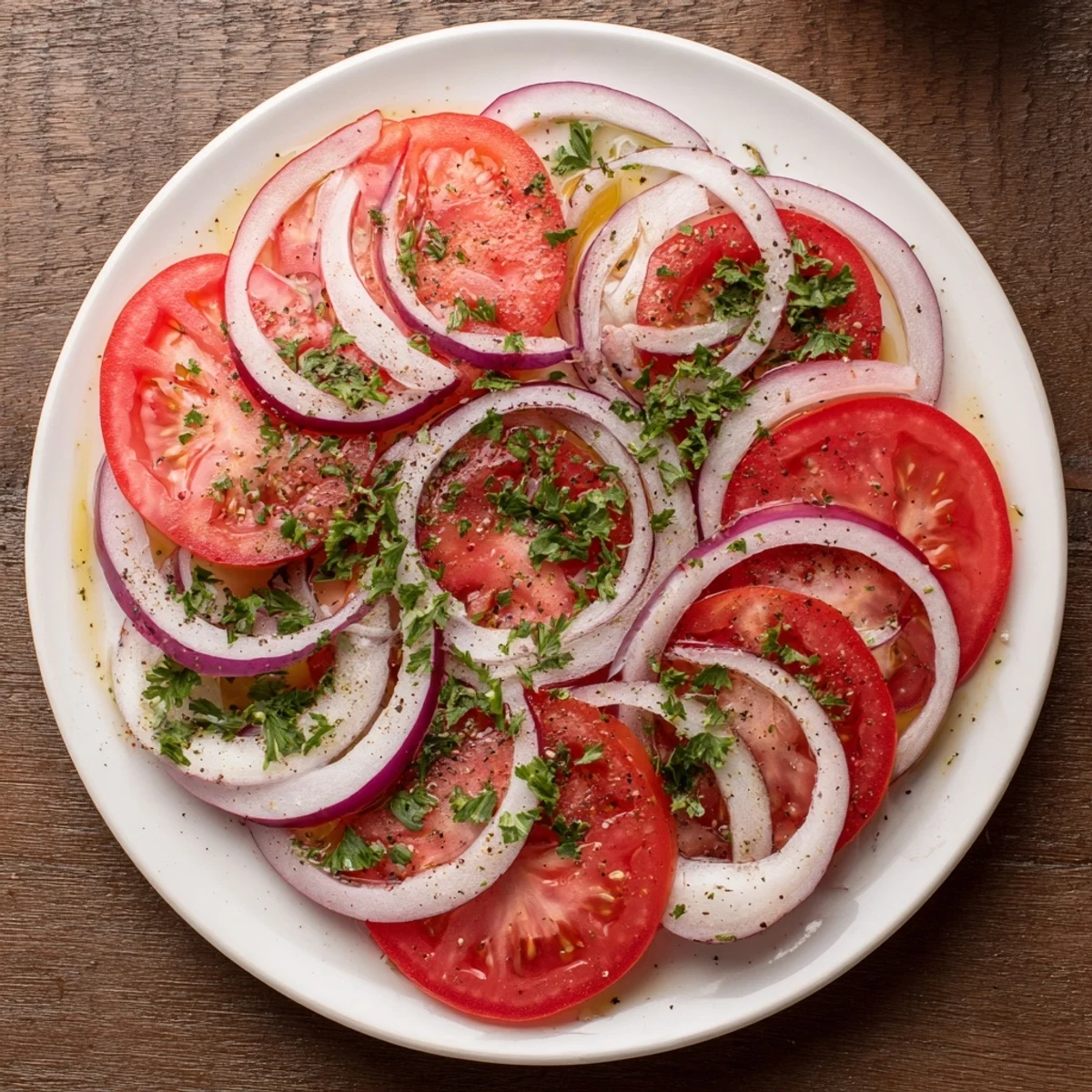 Mediterranean-style tomato and onion salad featuring crisp vegetables dressed in light vinaigrette and garnished with chopped parsley