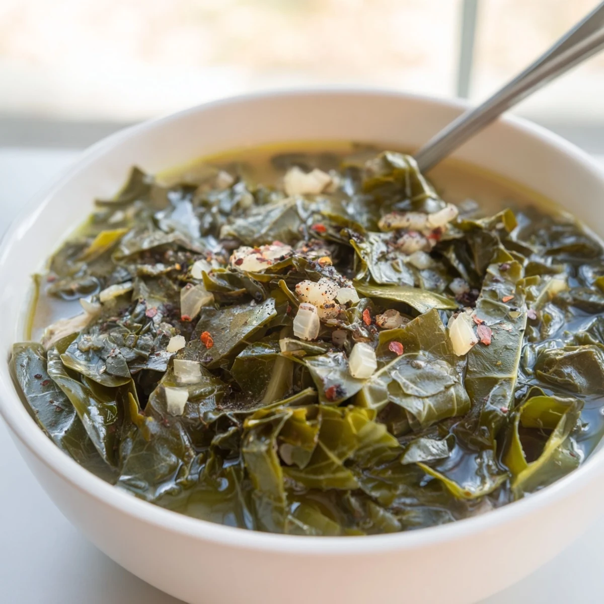 Deep green collard leaves wilted in a rich broth alongside onions and garlic, served piping hot