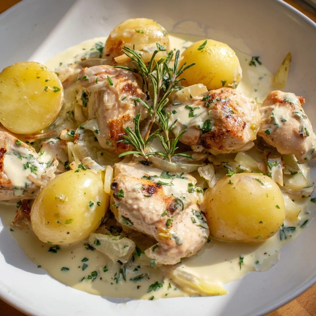 Creamy herb chicken and potatoes simmered in a luscious garlic-thyme sauce with golden chicken and fork-tender potatoes