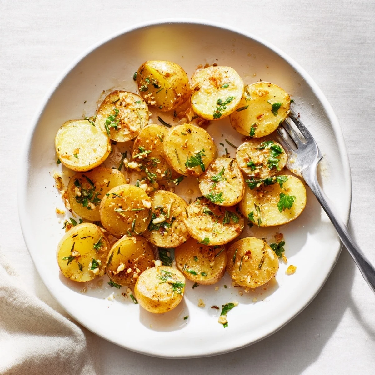 Golden brown roasted radishes glistening with olive oil, garlic, and herbs on a white baking sheet