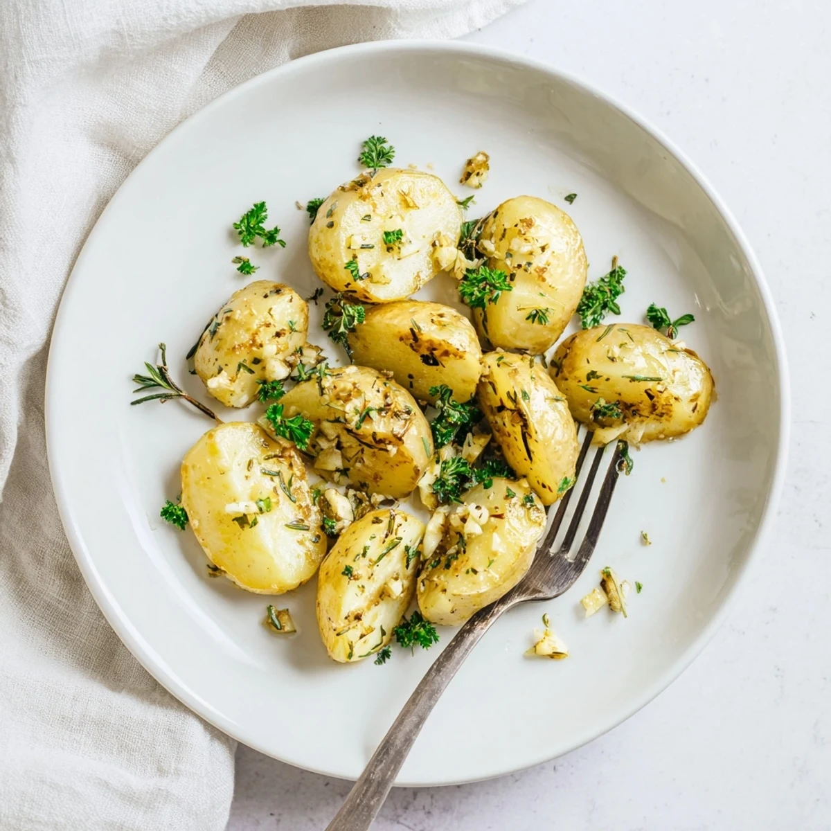 Savory garlic herb roasted radishes sprinkled with fresh parsley, served in a white bowl as low-carb side dish