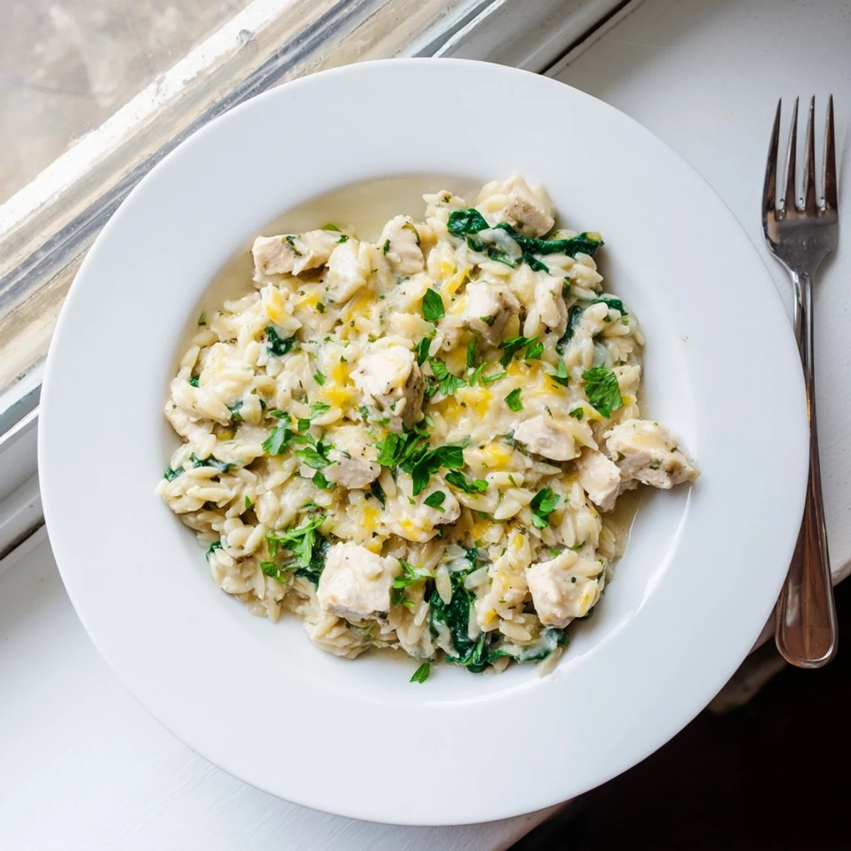 One-pan chicken orzo pasta topped with spicy Pepper Jack cheese and fresh parsley in a creamy white sauce