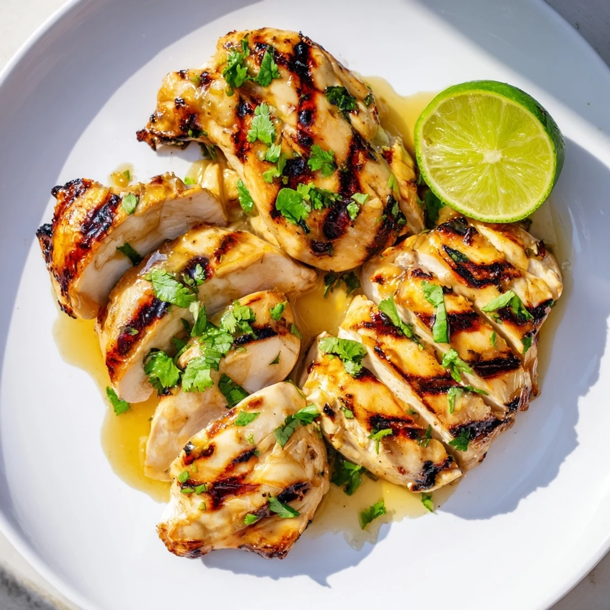 Juicy honey lime grilled chicken breasts resting on a white plate with tropical herb marinade glazed on top