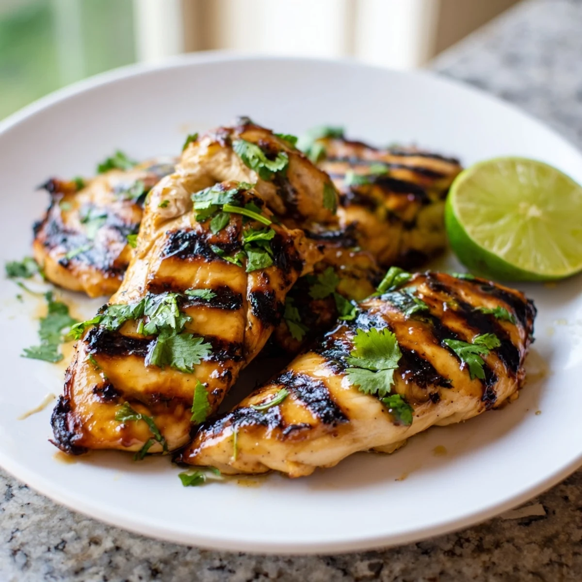 Golden Key West grilled chicken with charred grill marks garnished with fresh cilantro and lime wedges