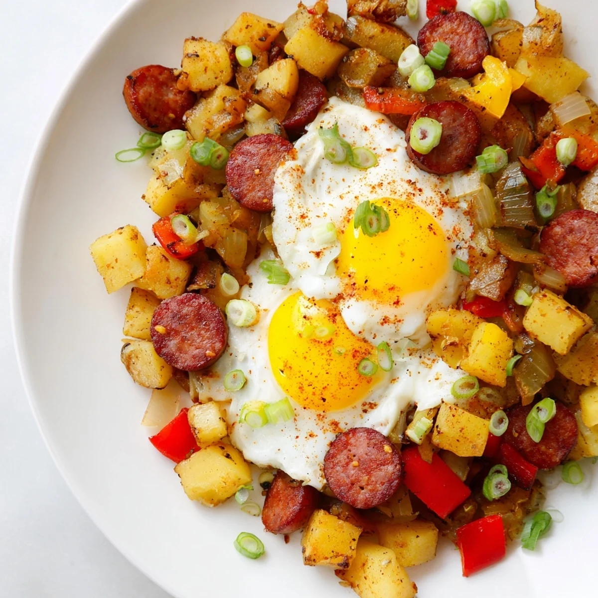 Golden skillet of Cajun beef sausage breakfast hash with sunny eggs and diced potatoes