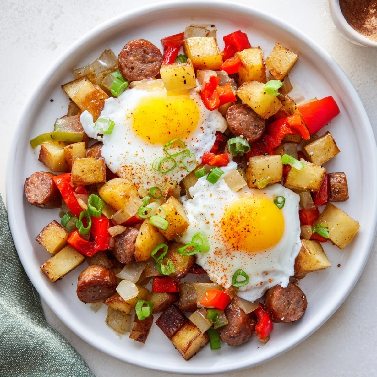 Sizzling cast iron skillet packed with Cajun beef sausage hash, golden potatoes, and runny yolks