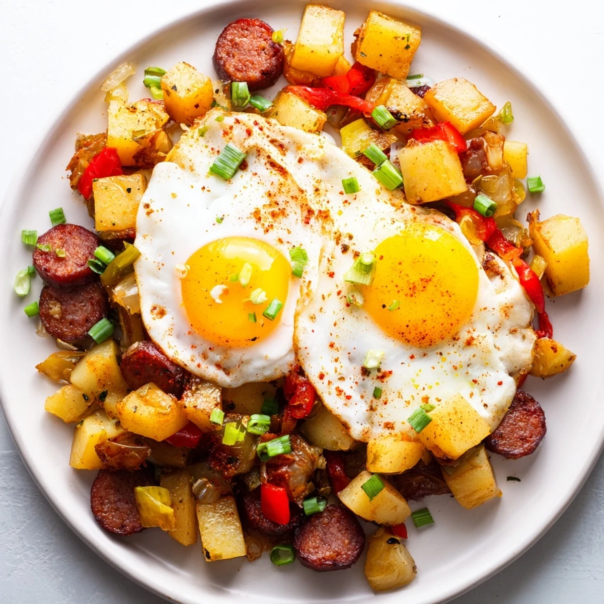 Hearty southern breakfast hash featuring spicy Cajun beef sausage, crispy potatoes, and perfectly cooked eggs