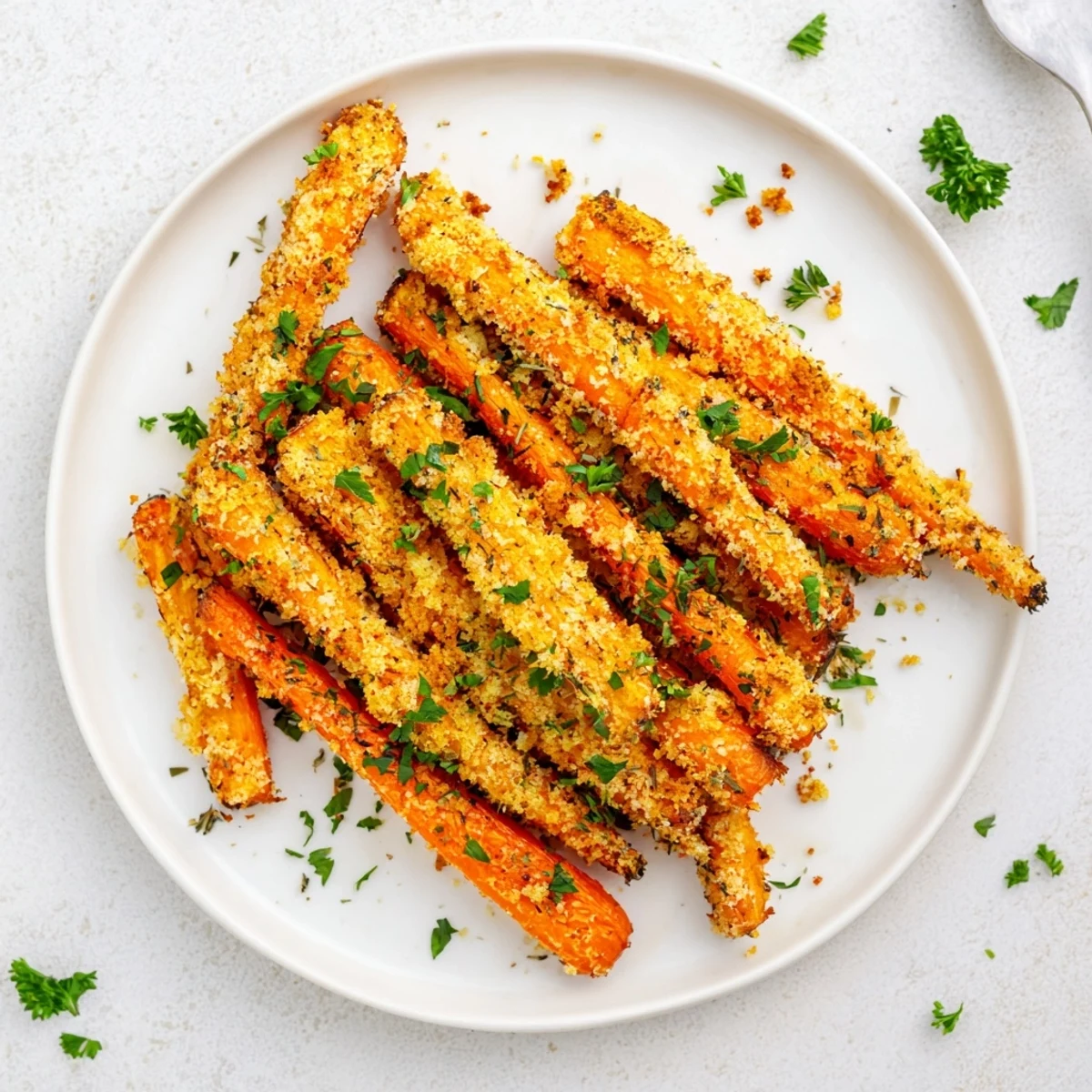 Golden roasted carrot sticks coated in crispy Parmesan breadcrumb crust on white baking sheet
