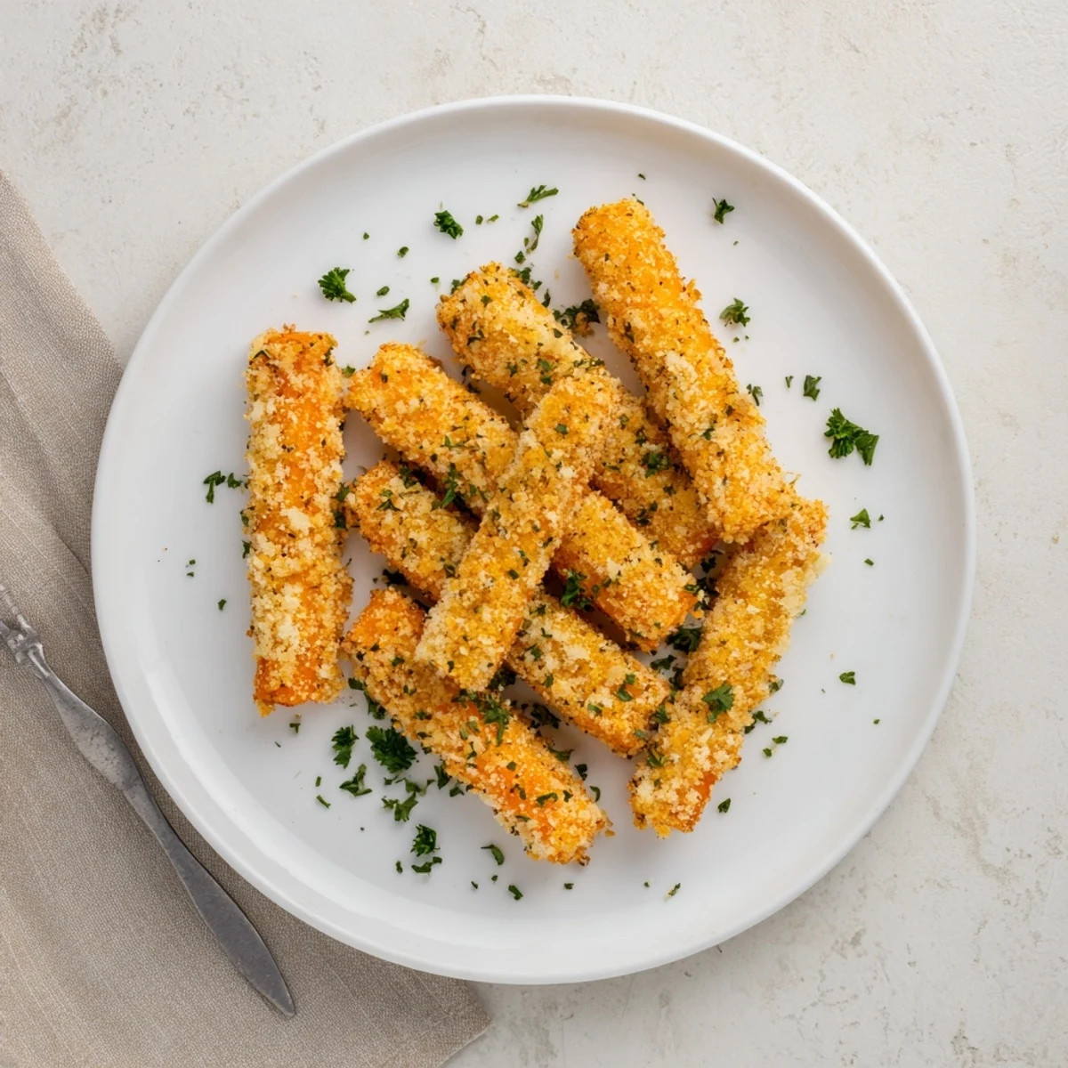 Tender parmesan carrots arranged on parchment with golden brown cheese coating and fresh parsley garnish