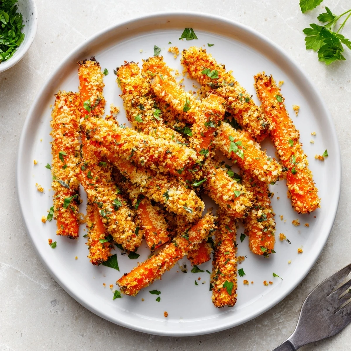 Oven-baked carrot fries with savory parmesan crust displayed in single layer on baking tray