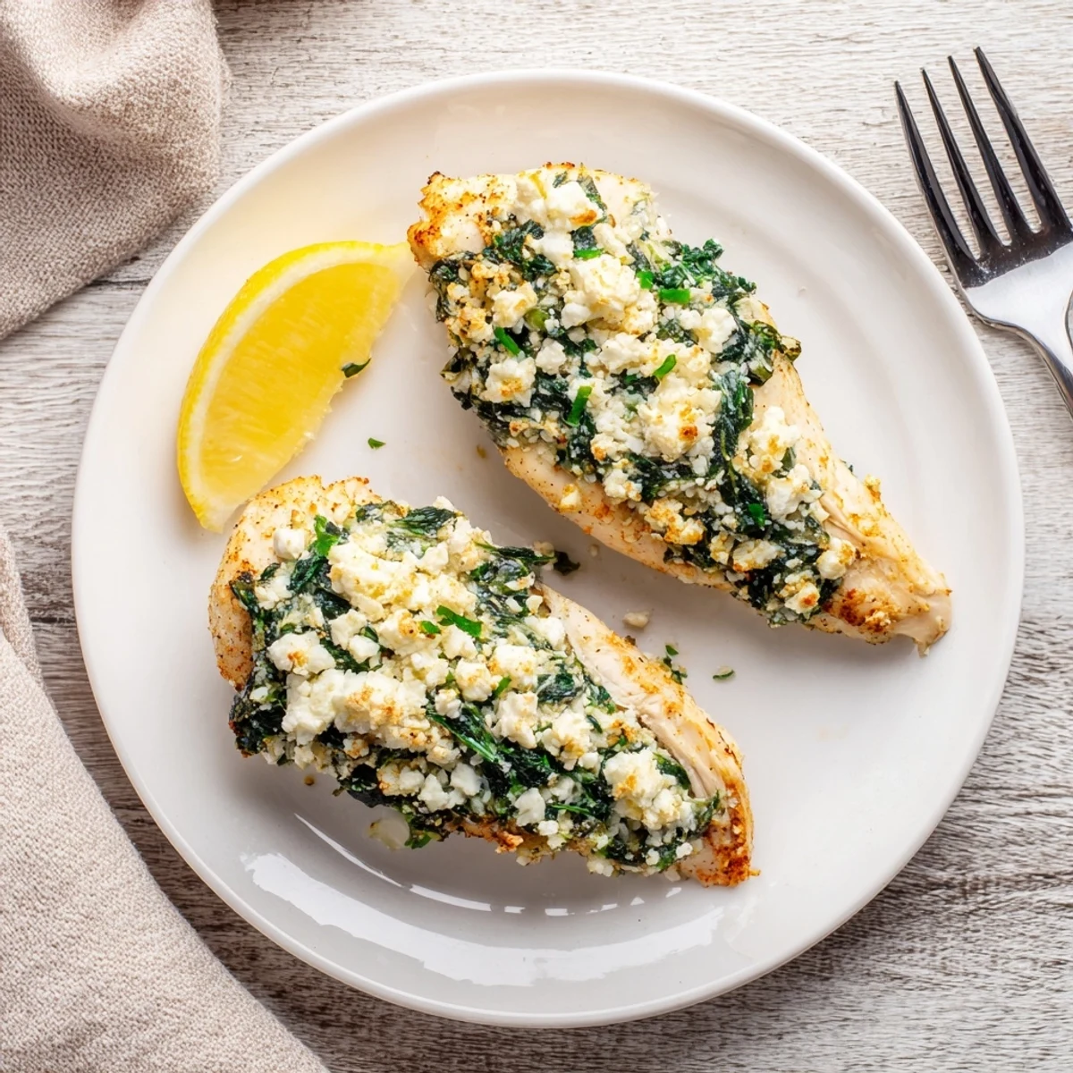 Golden brown stuffed chicken breast with feta and spinach filling on a white plate