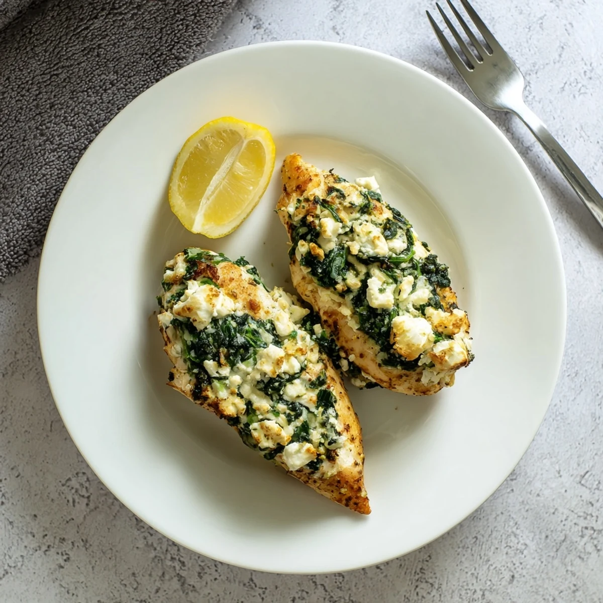 Mediterranean baked chicken breasts oozing creamy feta cheese and fresh green spinach