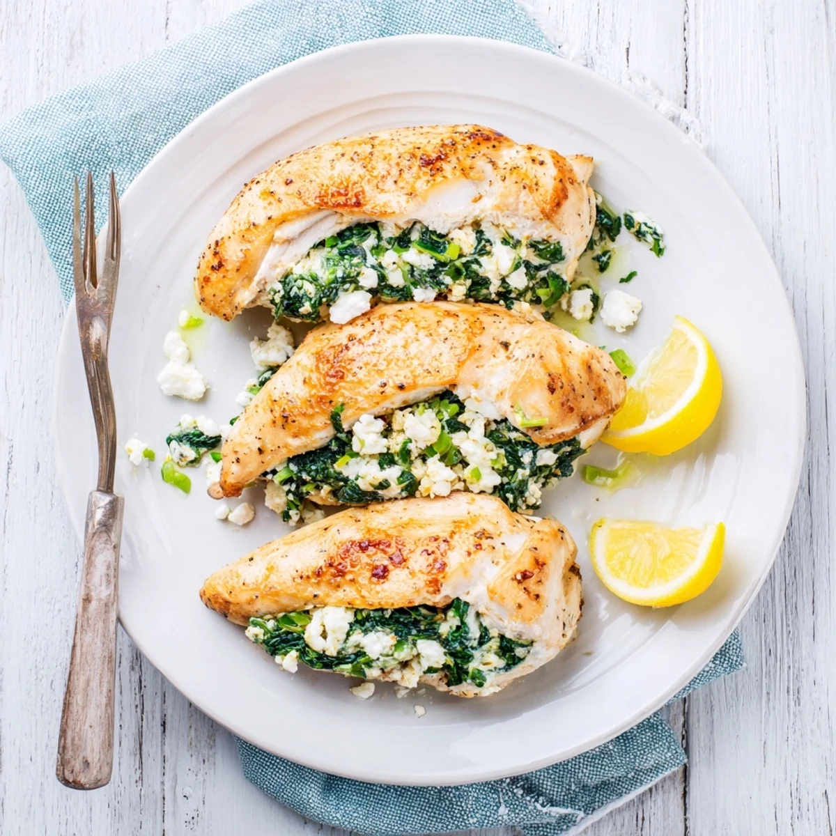 Juicy oven-baked chicken breast sliced to reveal spinach and feta cheese center