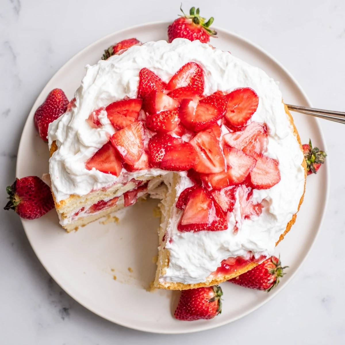 Golden strawberry shortcake cake layered with fresh berries and clouds of whipped cream