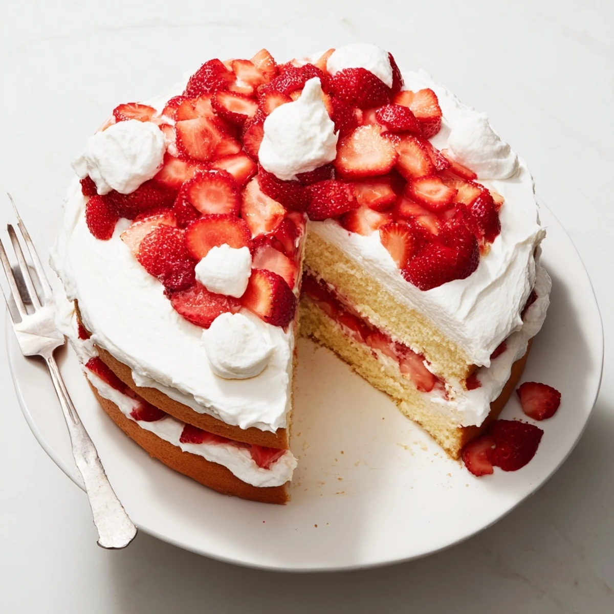 Elegant strawberry shortcake cake topped with sweet sliced berries and fluffy white cream frosting