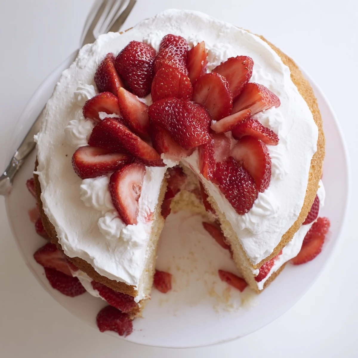 Slice of moist strawberry shortcake cake showcasing red juicy fruit between vanilla sponge layers